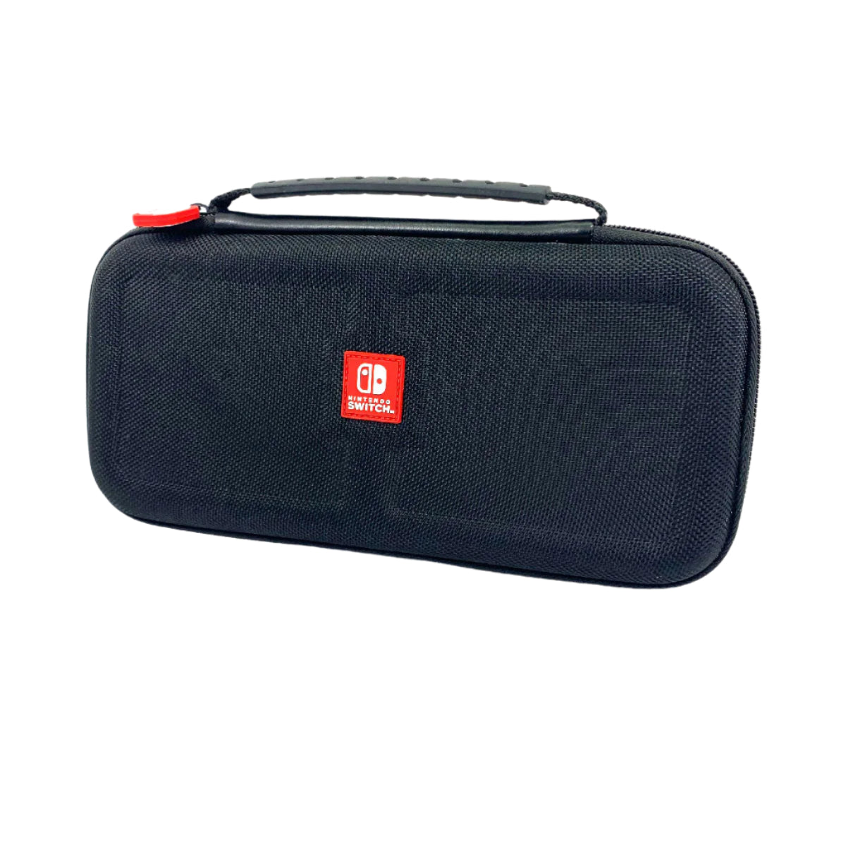 A black Nintendo Switch deluxe travel case with a hard shell.