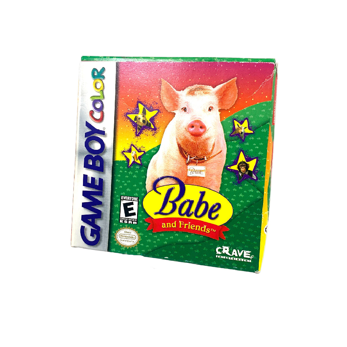 A Game Boy Color game cartridge of 'Babe and Friends' showing the game's title and a pig character on the label.