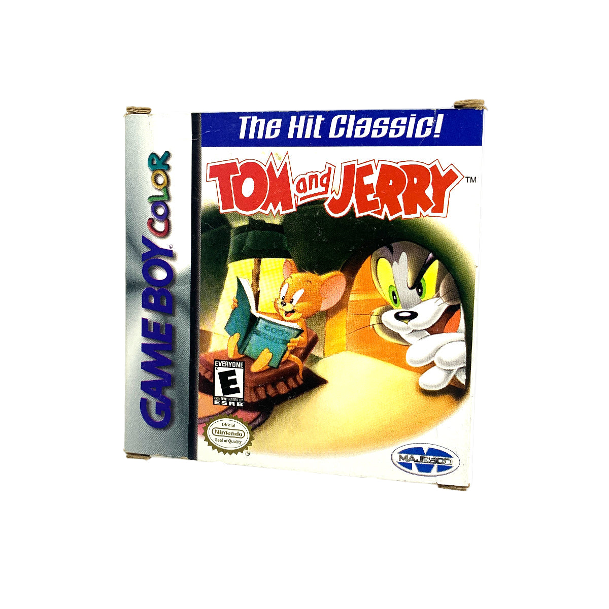 A Game Boy Color game cartridge of 'Tom and Jerry' displayed in front of a white background, with the game's artwork featuring the characters Jerry and Tuffy.