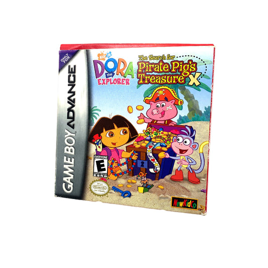 Packaging for 'Dora the Explorer: The Search for Pirate Pig's Treasure' game, featuring colorful illustrations of Dora and Boots the Monkey with a background of a treasure map.