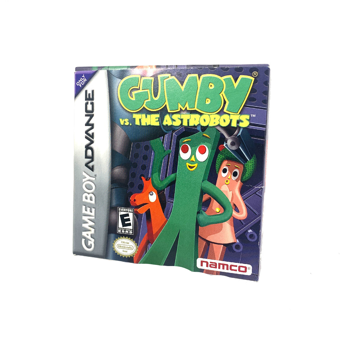A GameBoy Advance game cartridge case featuring the character Gumby along with two other cartoon characters, set against a space-themed background.