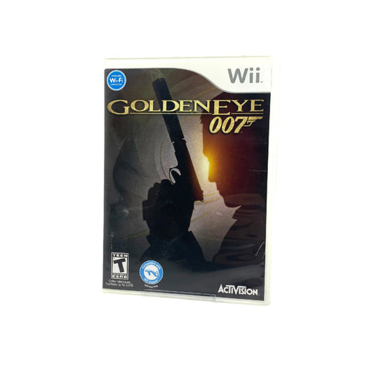 Goldeneye 007 game case for Wii console, featuring a silhouette of a gun and the iconic '007' logo on the cover.