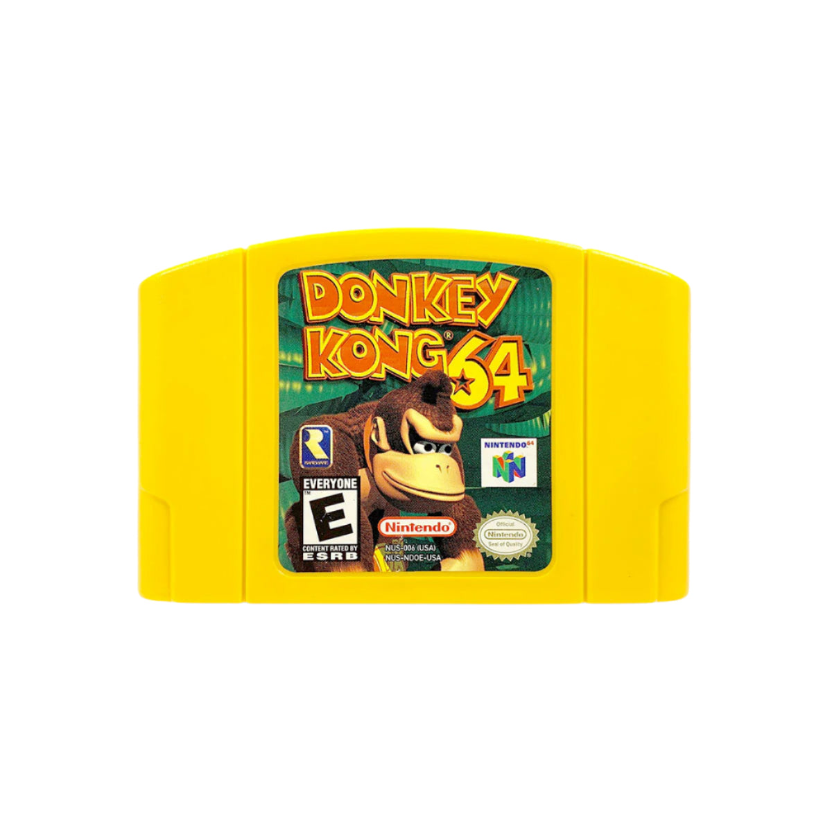 A yellow Nintendo 64 game cartridge of Donkey Kong 64 featuring colorful artwork of the character Donkey Kong.