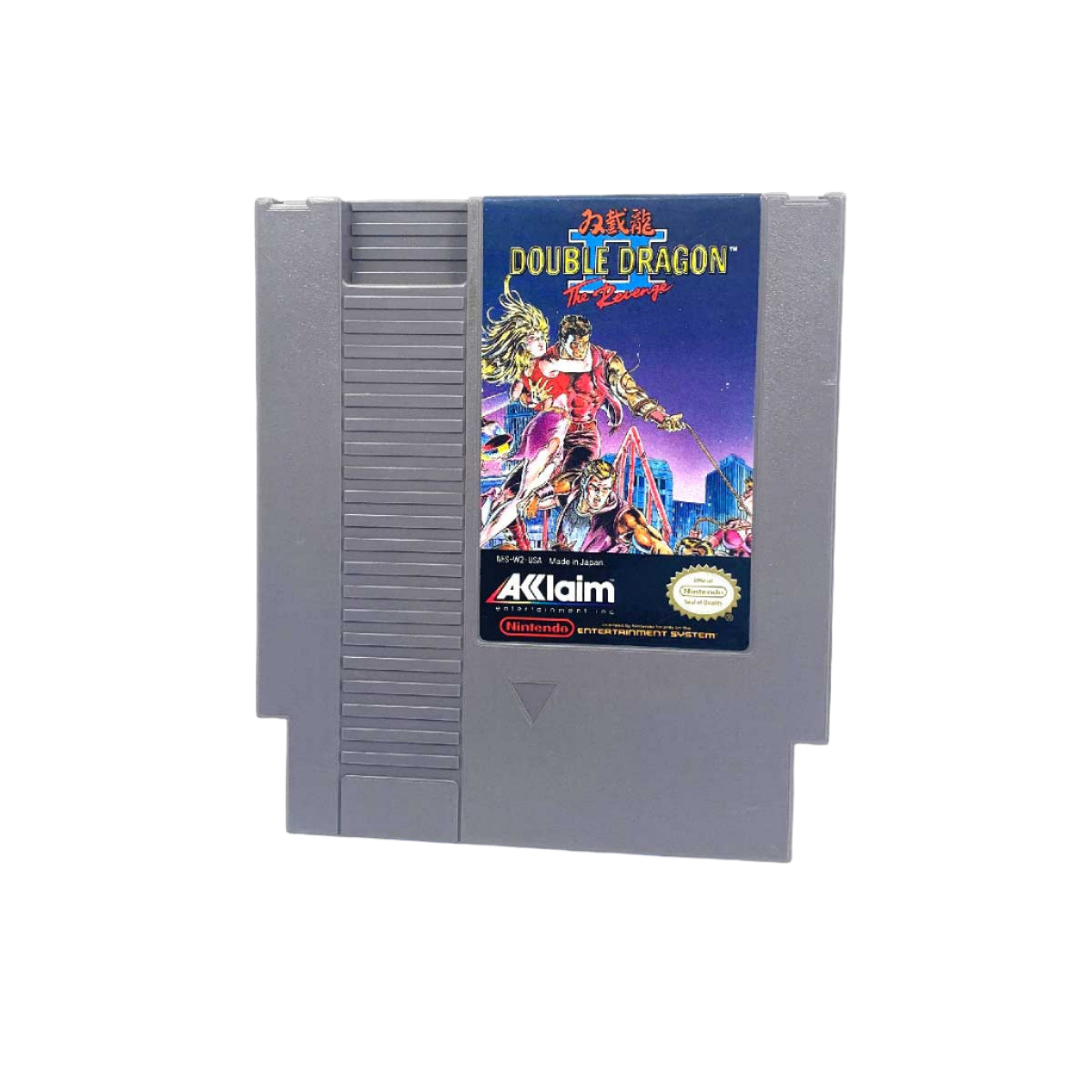 A gray Nintendo Entertainment System cartridge for the game Double Dragon II: The Revenge, with artwork featuring the main characters Billy and Jimmy Lee.