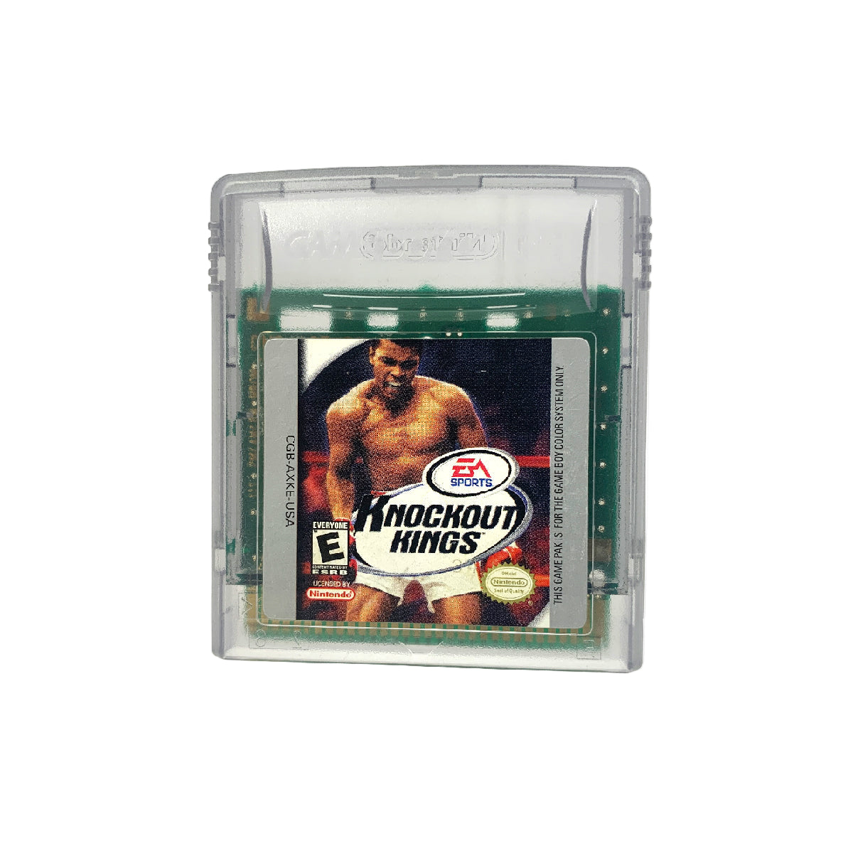 A Game Boy Color game cartridge for the game 'Knockout Kings'. The cartridge features an image of a boxer in a white square with a red and black border, and the game's title is displayed at the top.