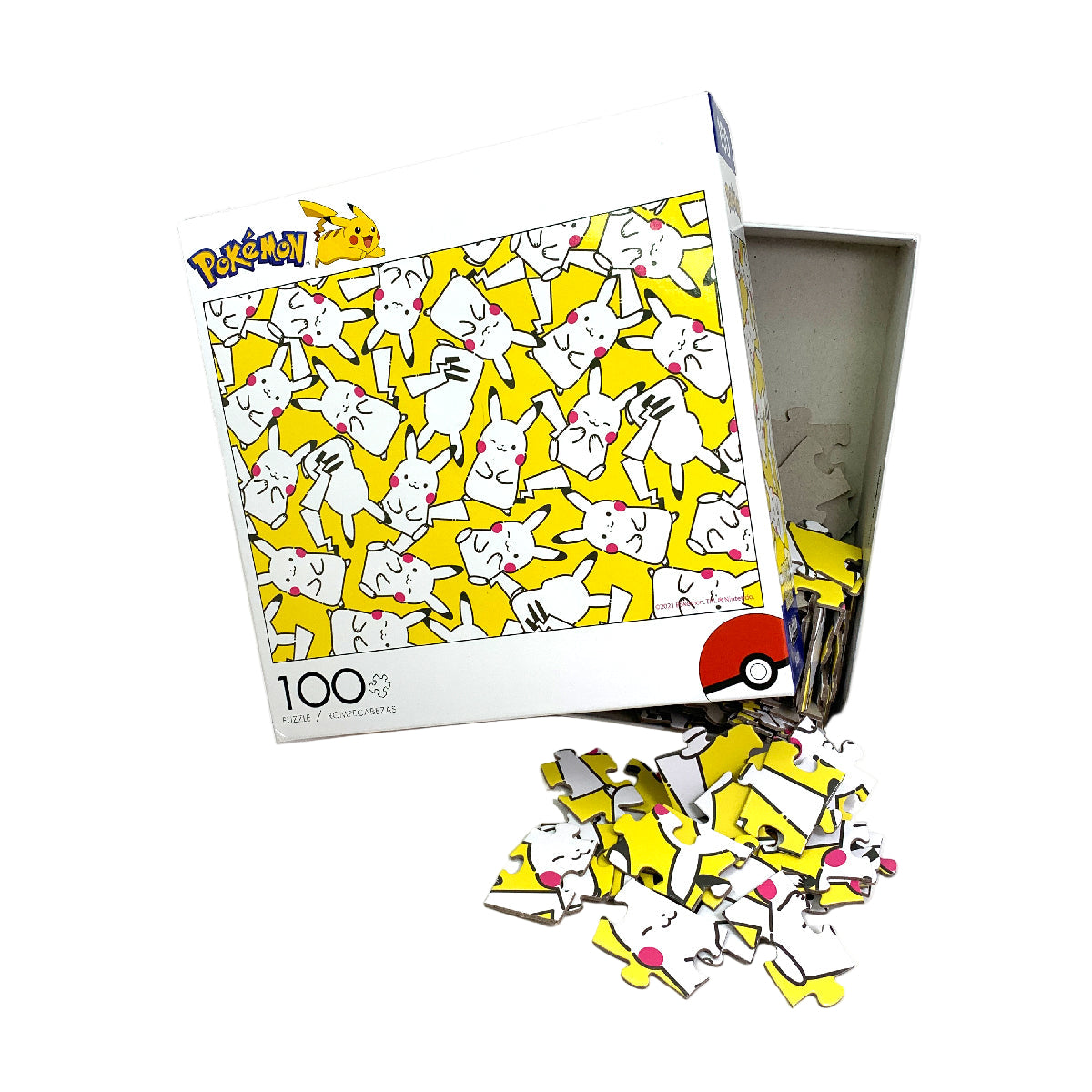 A puzzle box with a Pikachu design, indicating a 100-piece puzzle size, with pieces scattered in front of the box.