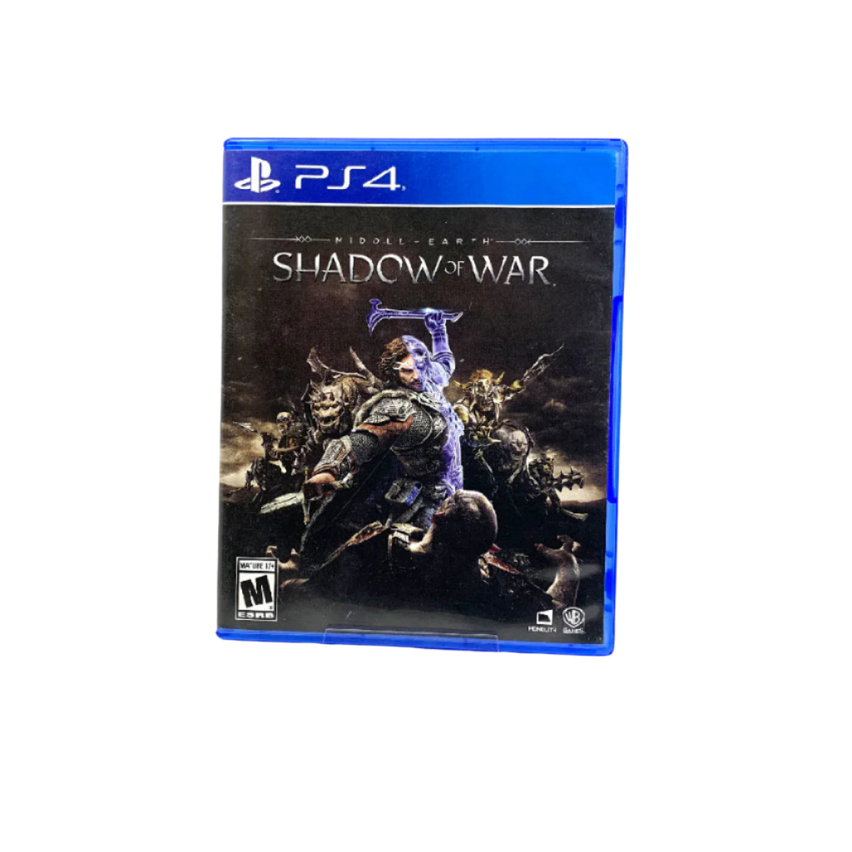 A PlayStation 4 game case for 'Middle Earth: Shadow of War' featuring in-game characters on the cover.