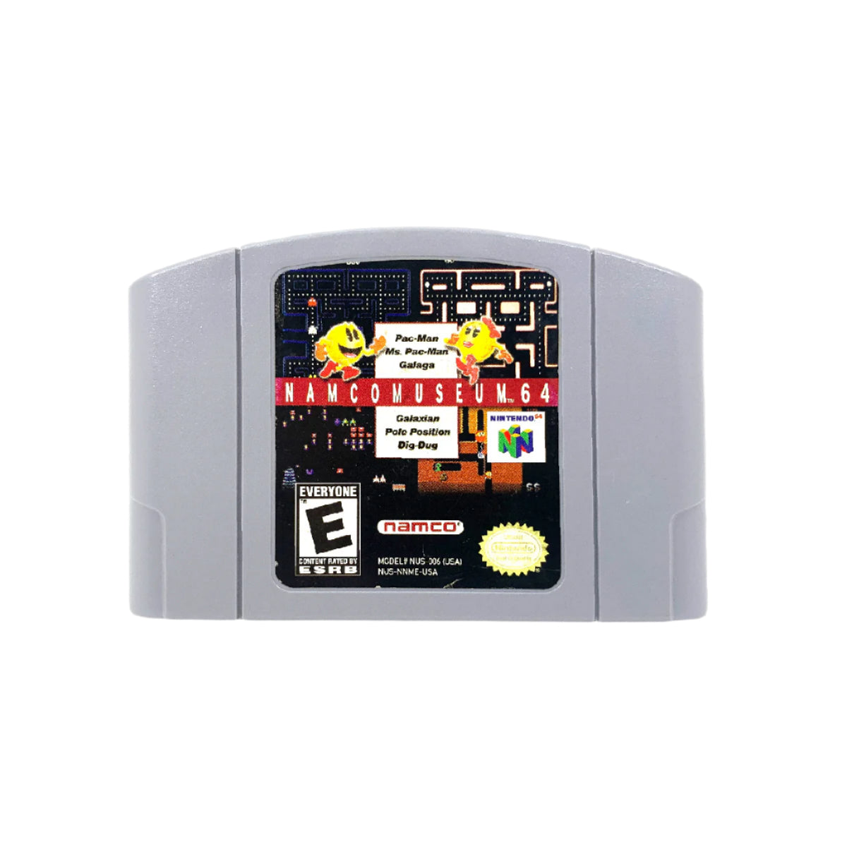 A Nintendo 64 game cartridge of 'Namco Museum 64' featuring various classic arcade game graphics and the console's logo.