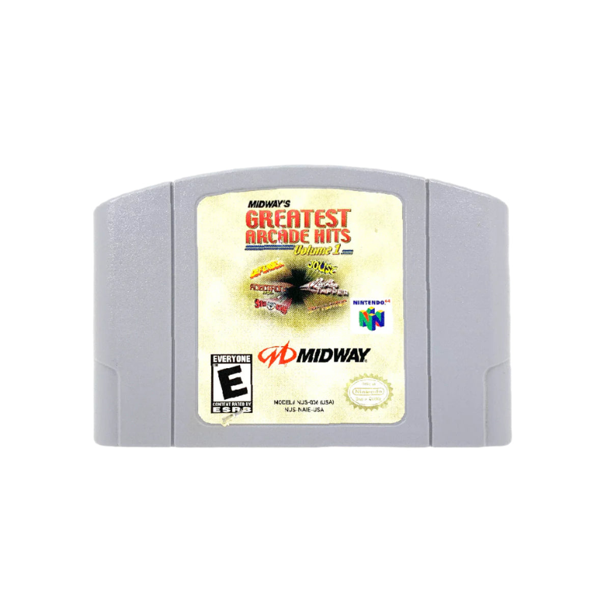 A Nintendo 64 console game cartridge labelled 'Midway's Greatest Arcade Hits' featuring artwork for the game 'Defender II'.