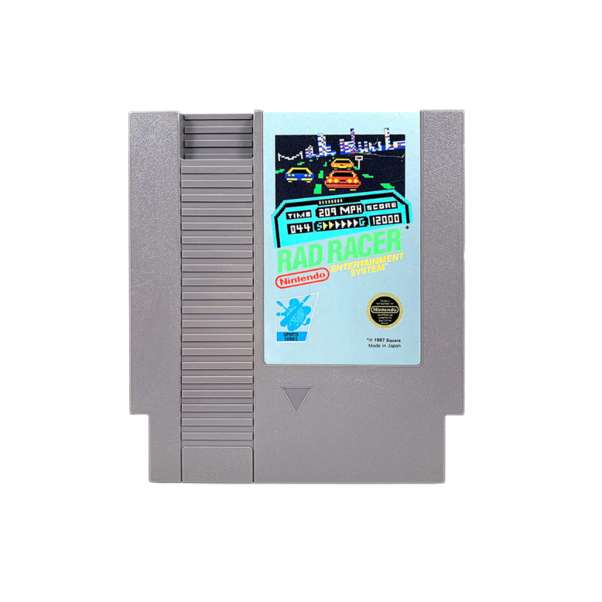 A gray Nintendo NES game cartridge of 'Rad Racer' with colorful label showing the game's graphics and the text '3-D VIDEO GAME'.
