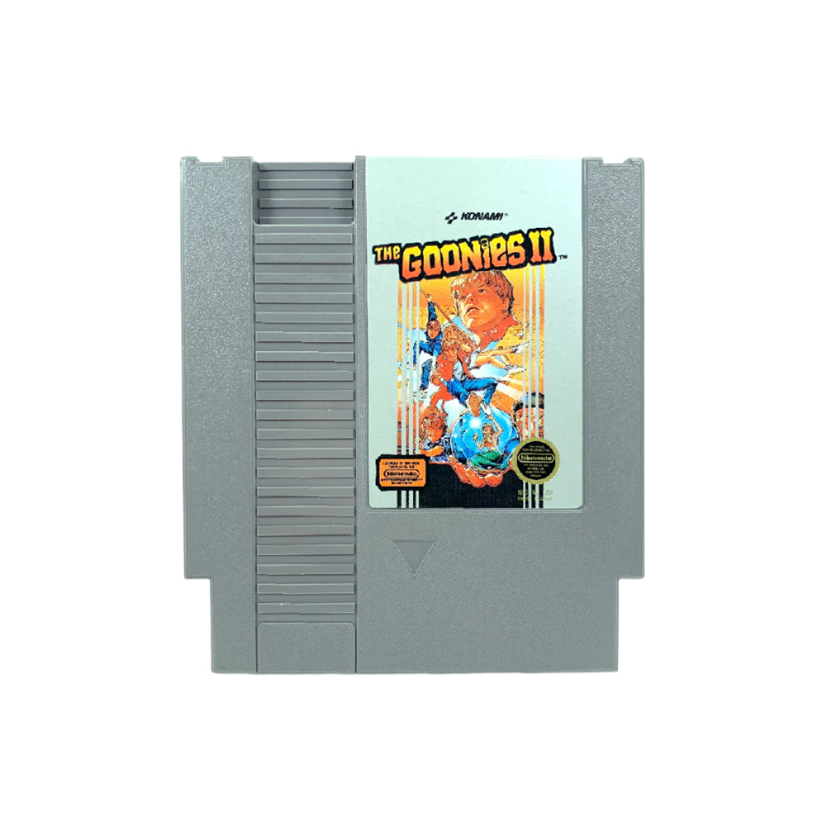 A Nintendo Entertainment System game cartridge for 'The Goonies II' game, featuring artwork with the title character and a gray background.