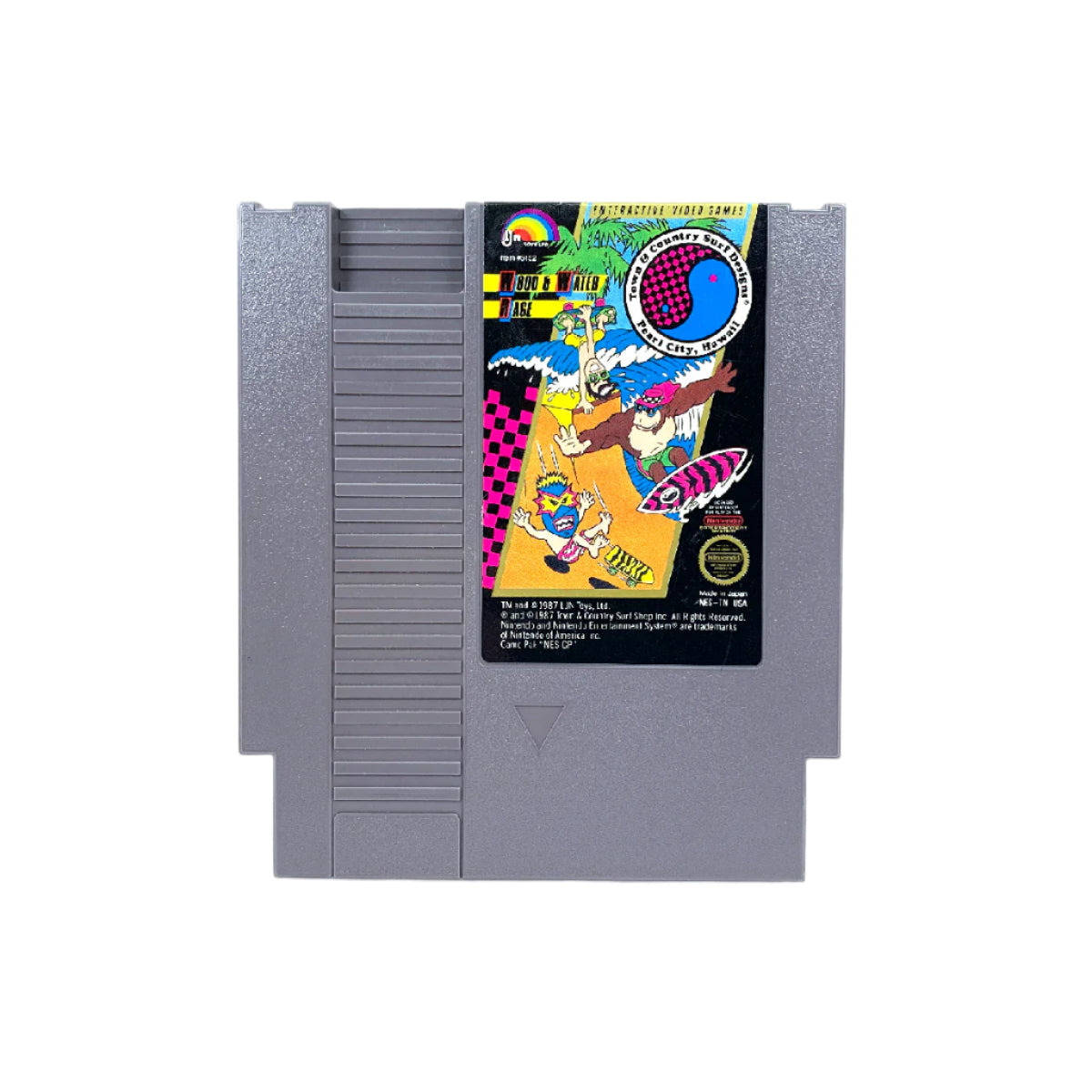 A Nintendo Entertainment System game cartridge for the game 'T&C Surf Designs: Wood & Water Rage' with colorful cover art featuring cartoon characters and surfboards.