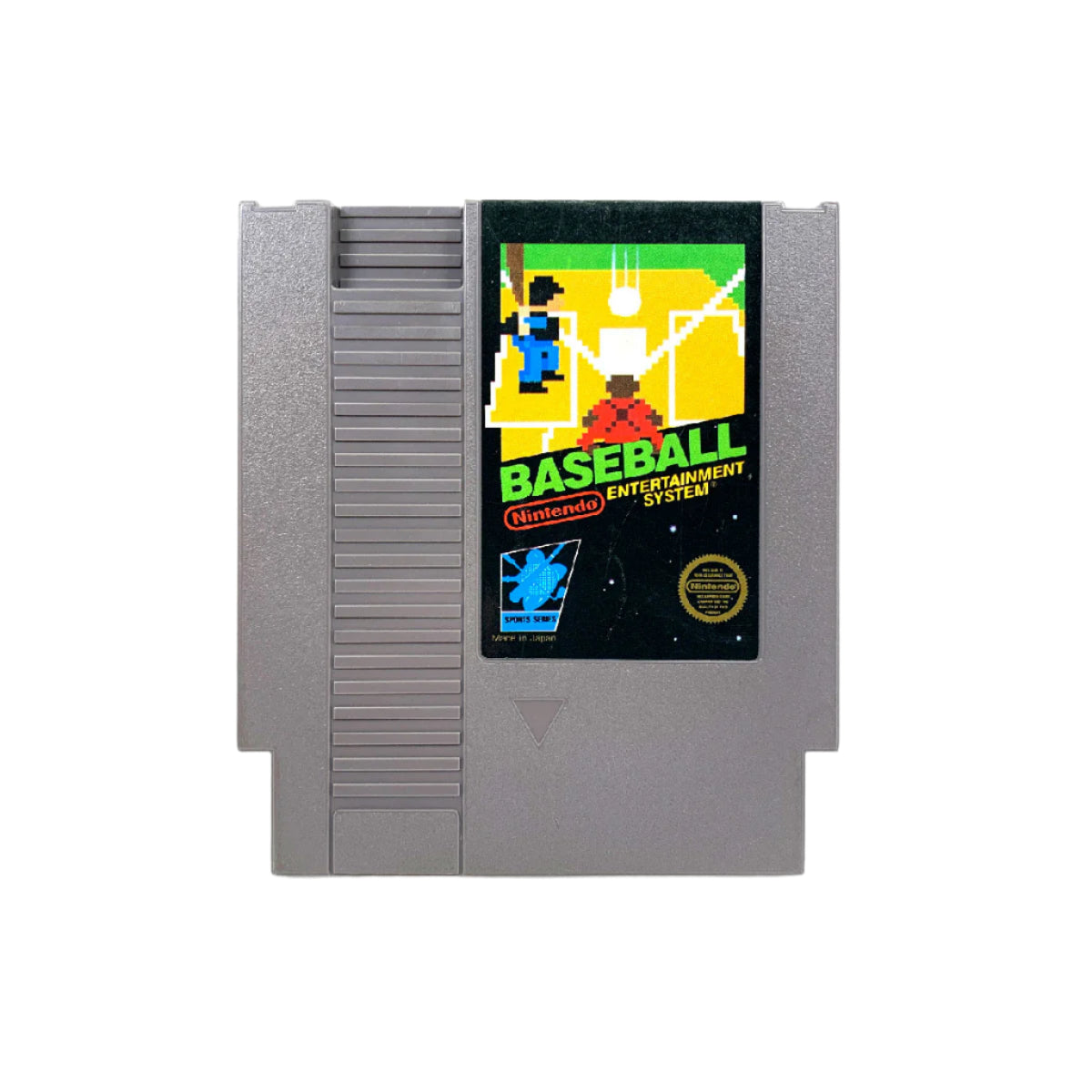 A Nintendo Entertainment System baseball game cartridge with a colorful cover depicting a baseball game in progress.