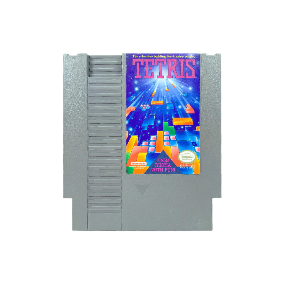 A photo of a Tetris video game cartridge for the Nintendo Entertainment System.