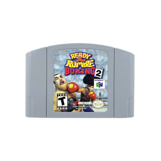 A Nintendo 64 game cartridge of 'Ready 2 Rumble Boxing: Round 2' with an illustration of two cartoon boxers on the cover.