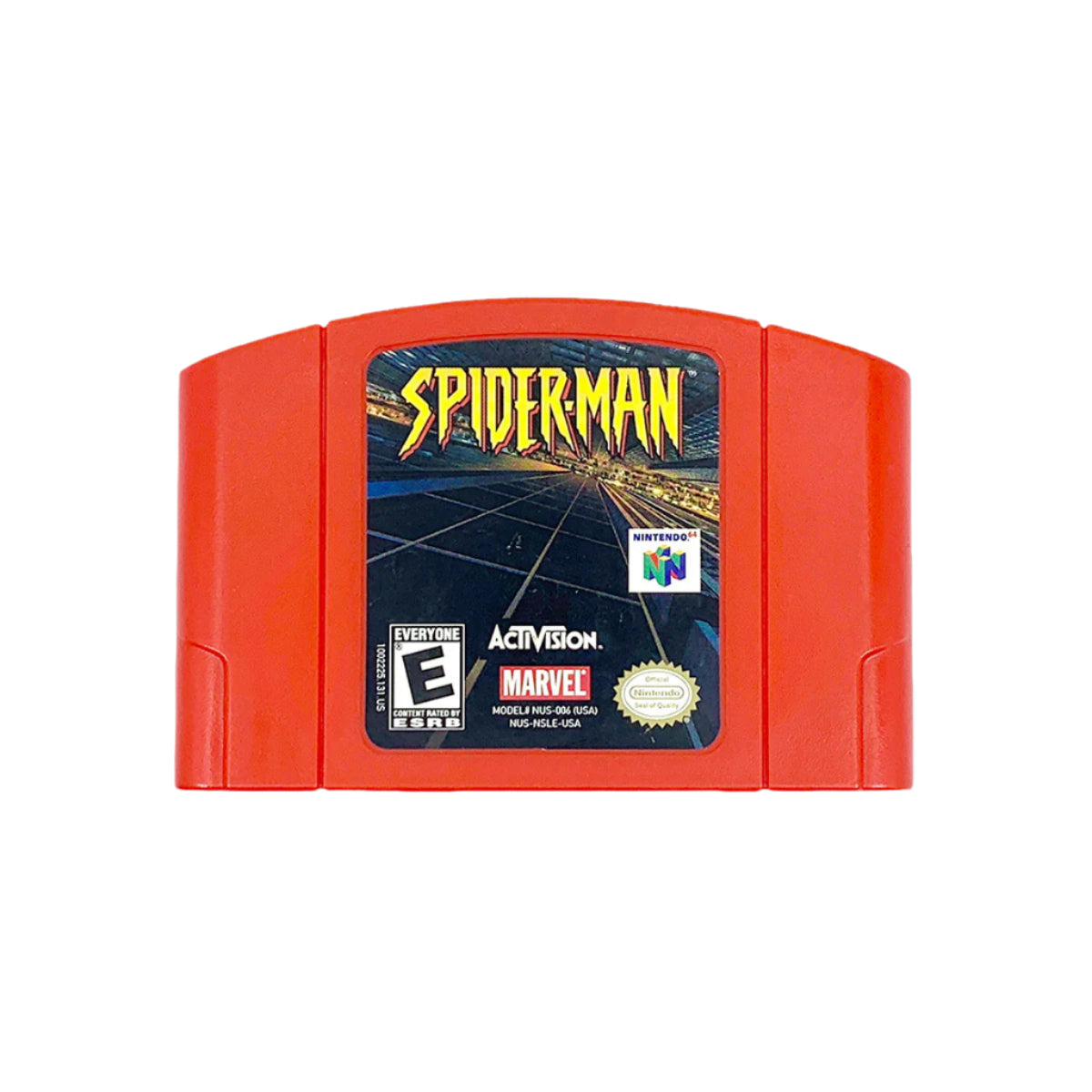 A red Nintendo 64 game cartridge of 'Spider-Man' with a black label featuring the title and graphics of the game.