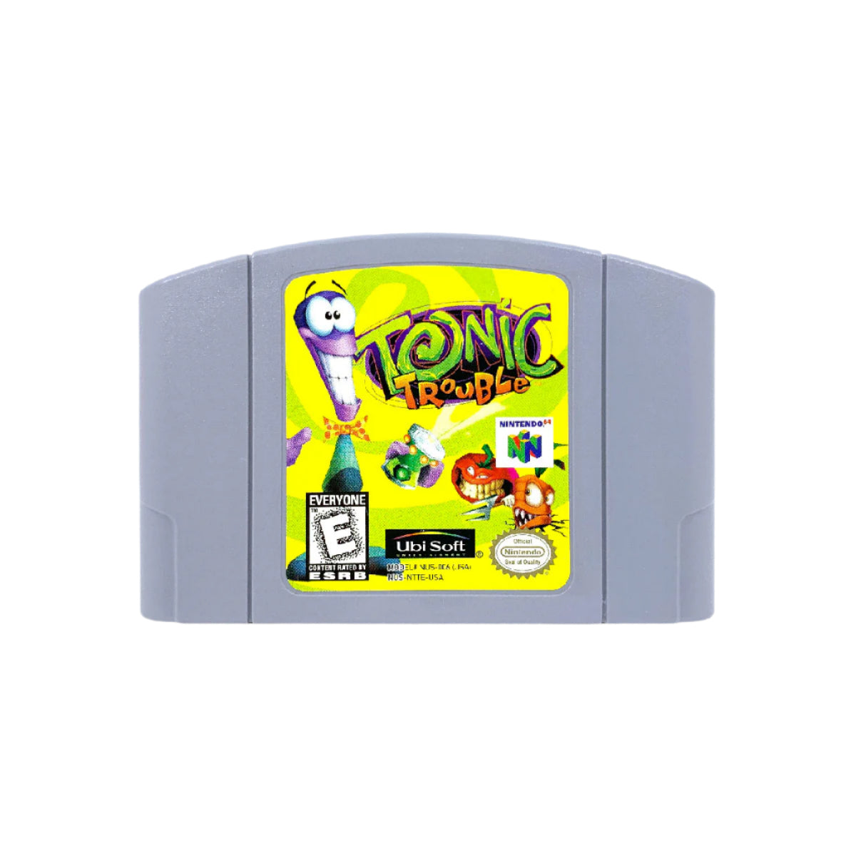 A Nintendo 64 game cartridge of 'Tonic Trouble' showing the game's title and artwork featuring a character and colorful background.