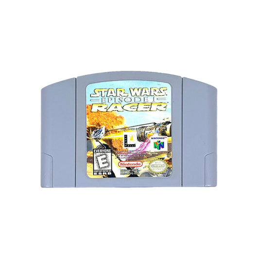 A Nintendo 64 game cartridge of 'Star Wars Episode I Racer' featuring graphical elements from the Star Wars franchise on the label.