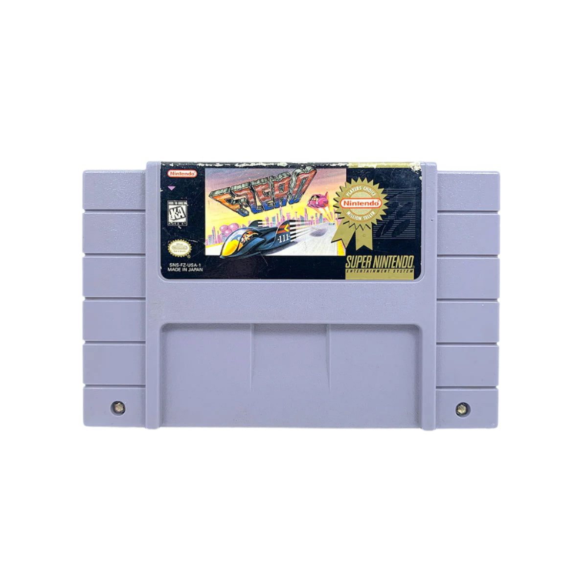 A Super Nintendo Entertainment System game cartridge of 'F-Zero' with its label visible, depicting a racing scene and the title of the game.