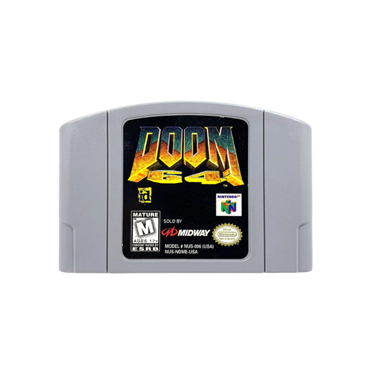 A video game cartridge for the Nintendo 64 game 'Doom 64' with a black label and the game's title displayed.