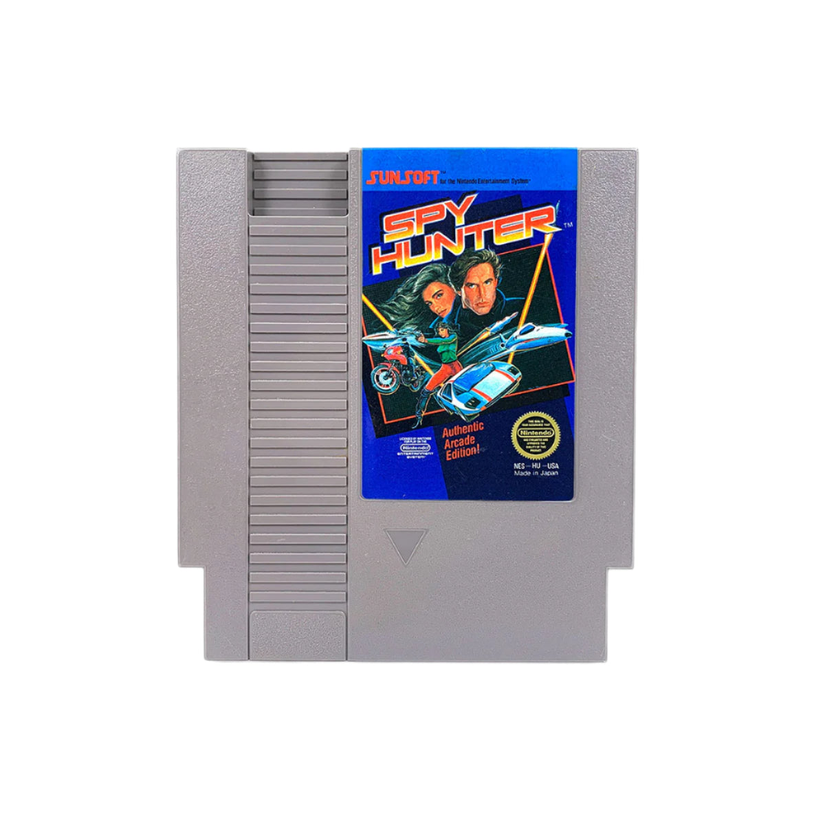 A Spy Hunter Nintendo NES game cartridge featuring the cover art with a car and a Spy Hunter vehicle.