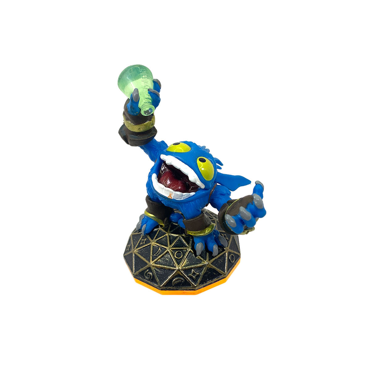 Skylanders Pop Fizz figure, predominantly blue with green accents, standing on a geometric patterned base.