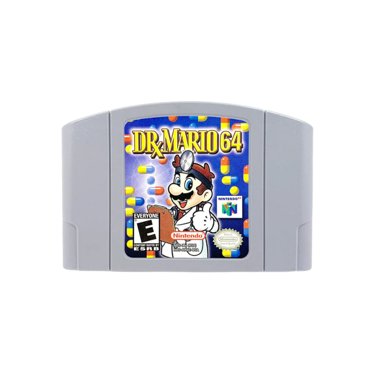 A game cartridge for Dr. Mario 64 on the Nintendo 64 platform featuring an illustration of Dr.