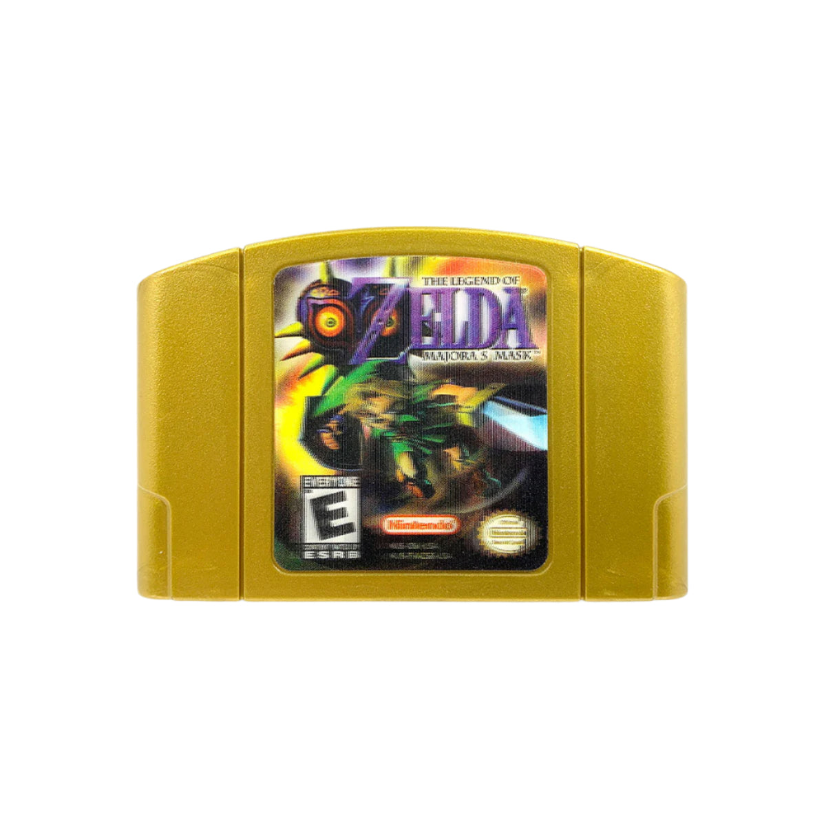 A gold Nintendo 64 game cartridge of 'The Legend of Zelda: Majora's Mask' with a picture of Link on the front.
