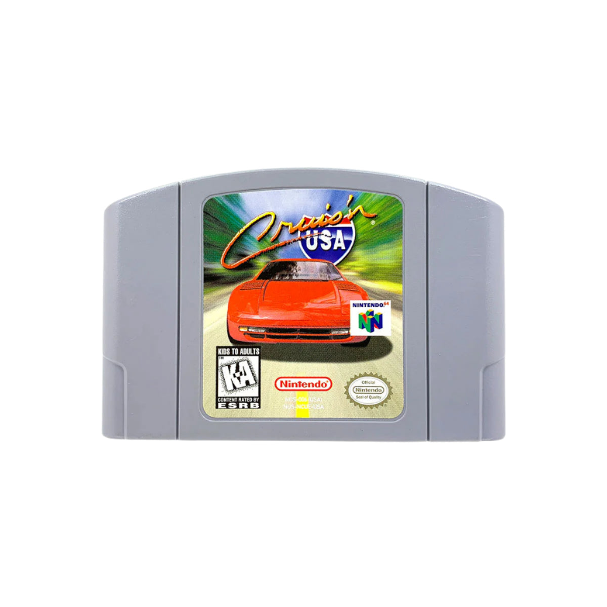 A video game cartridge for 'Cruis'n USA' on Nintendo 64 featuring an image of a red car and iconic American landmarks.