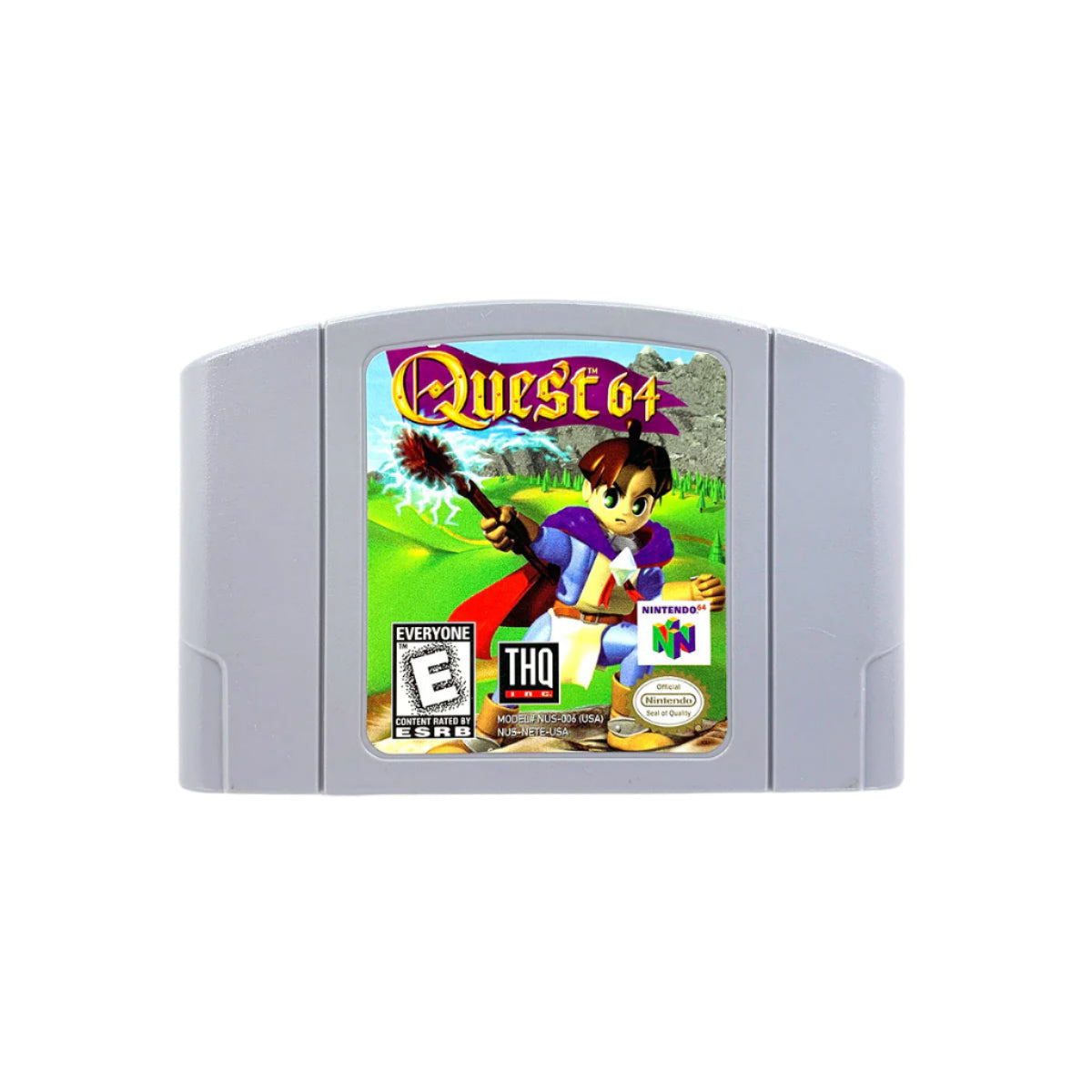 A video game cartridge for Nintendo 64 titled 'Quest 64' featuring an illustration of a character in a red outfit with a staff, against a green and blue background.