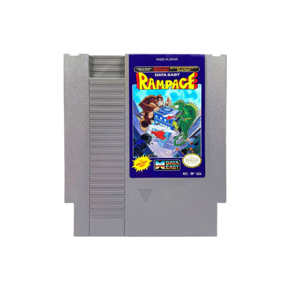 A Nintendo NES game cartridge of 'Rampage' featuring artwork with three characters resembling King Kong, Godzilla, and a third one, in a cityscape background.