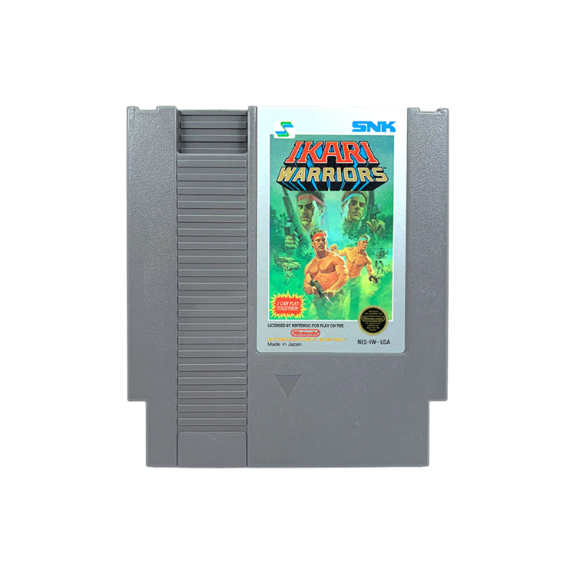 A gray-colored Nintendo Entertainment System cartridge for the game 'Ikari Warriors' by SNK.