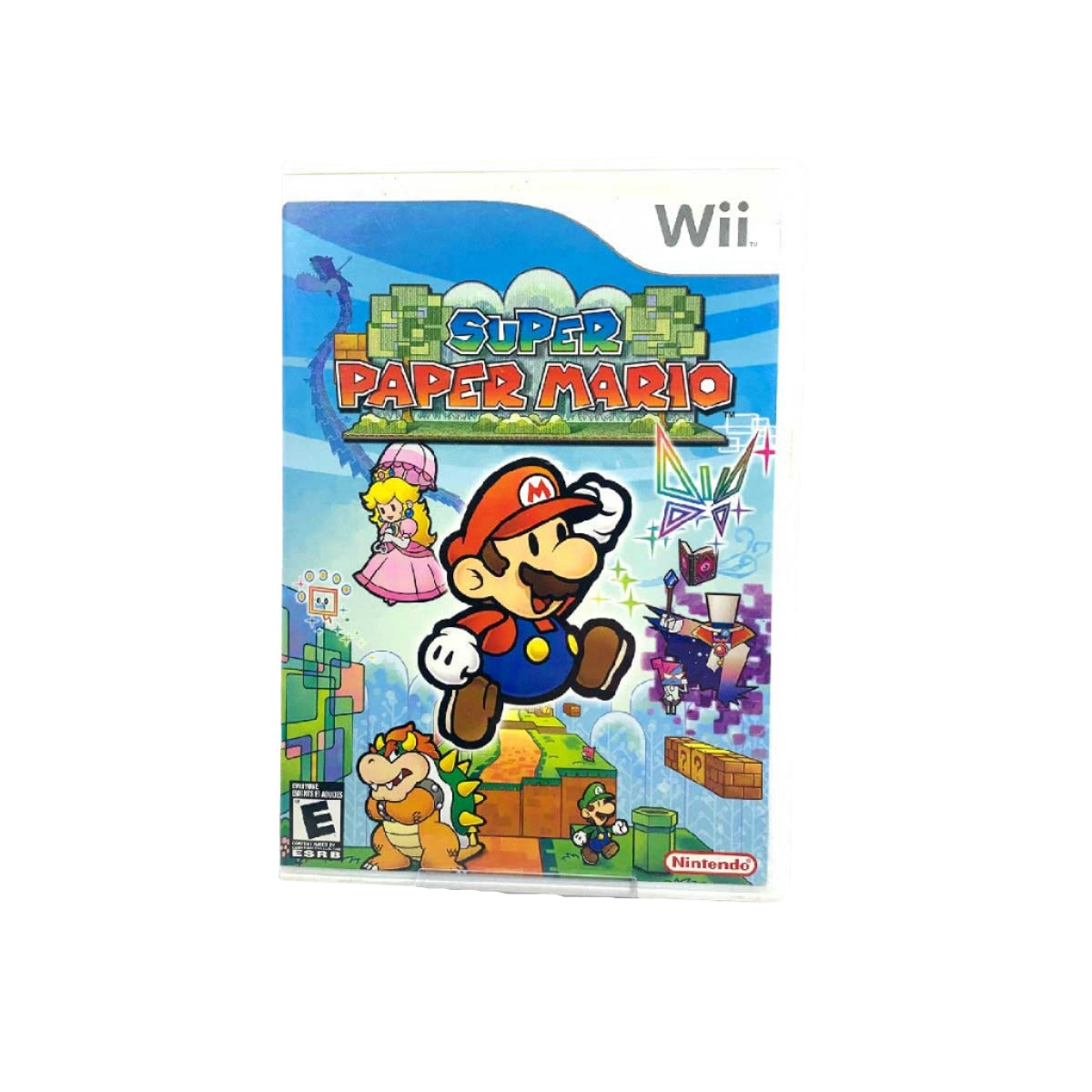 The image displays the cover of the Wii game 'Super Paper Mario', featuring 2D character art of Mario and friends looking vibrant and colorful against a paper-cutout style backdrop.