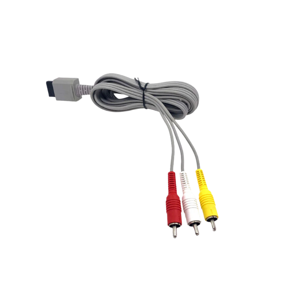 A Wii RCA Composite AV Cable, with one end displaying a gray RCA connector and the other end a yellow AV port.