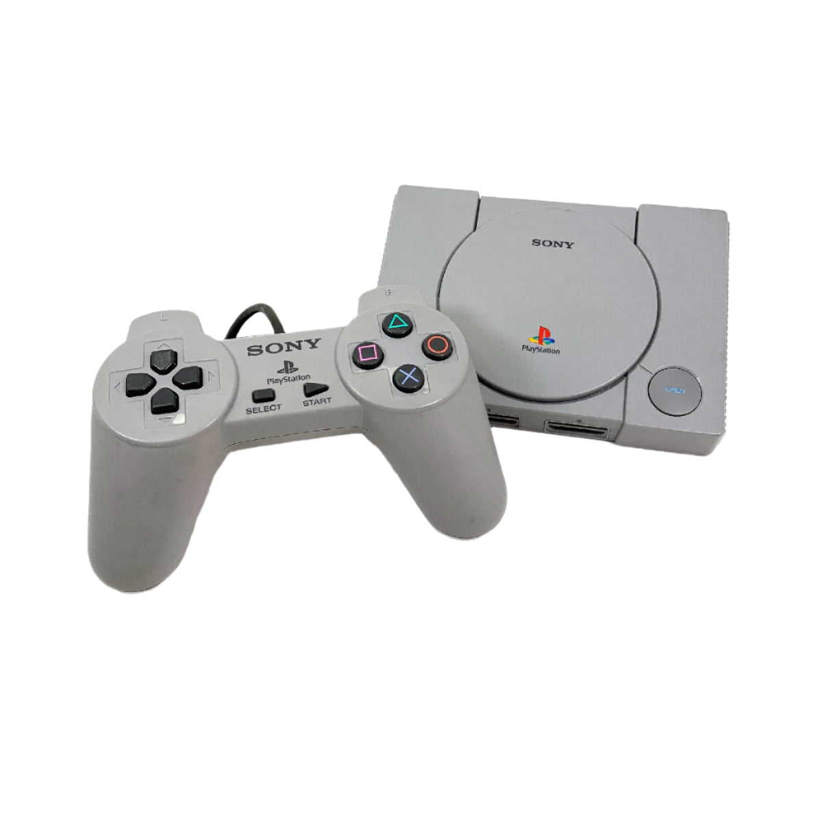 PlayStation Classic Edition Mini Console and its original controller, both in gray color.