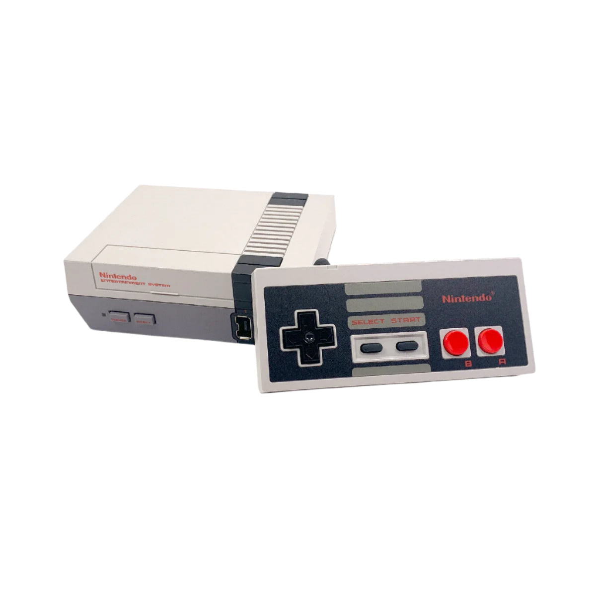 Nintendo NES Classic Edition console and controller, gray and black in color with an HDMI cable.