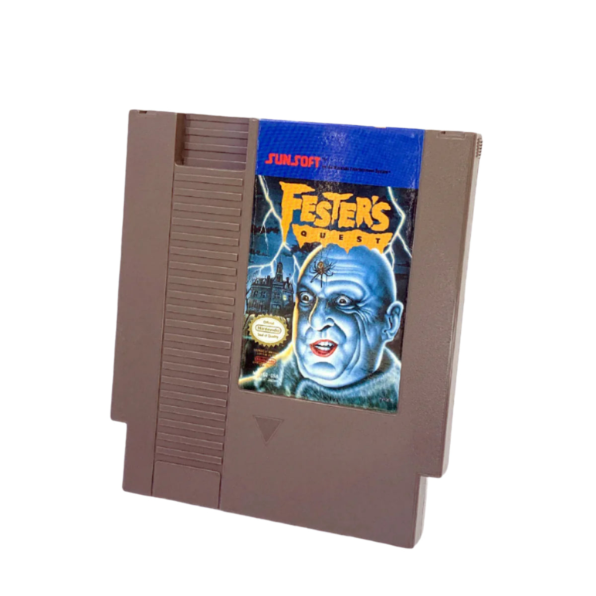 A Nintendo Entertainment System cartridge of the game 'Fester's Quest' with a graphical representation of a character on the label.