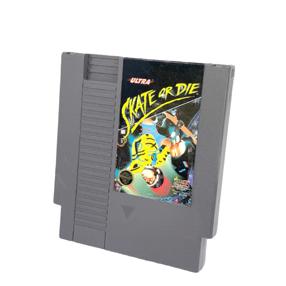 A Nintendo Entertainment System (NES) game cartridge for the game 'Skate or Die' with a colorful label featuring skateboard graphics.