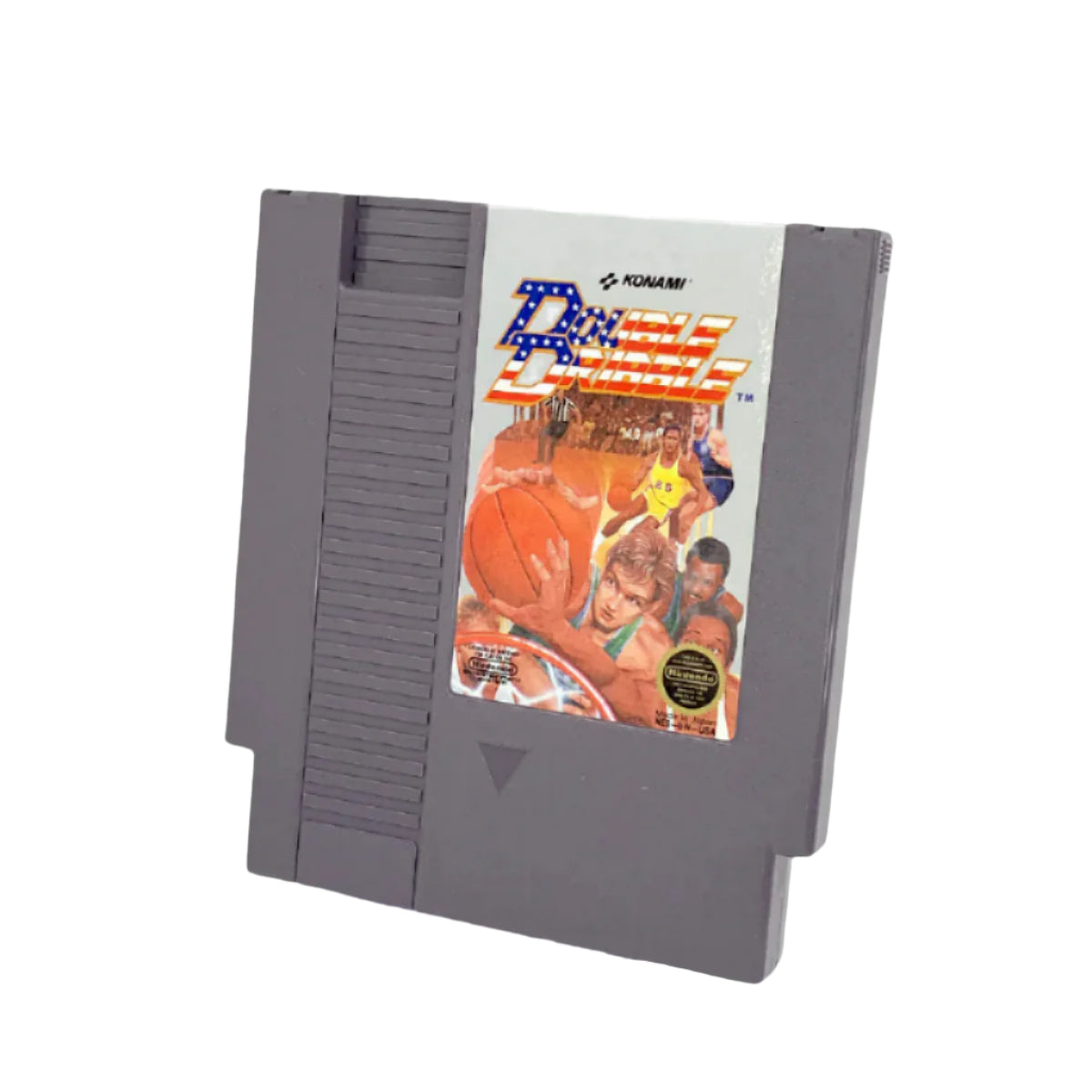 A Nintendo Entertainment System game cartridge for the basketball game 'Double Dribble' with a colorful cover featuring basketball players.