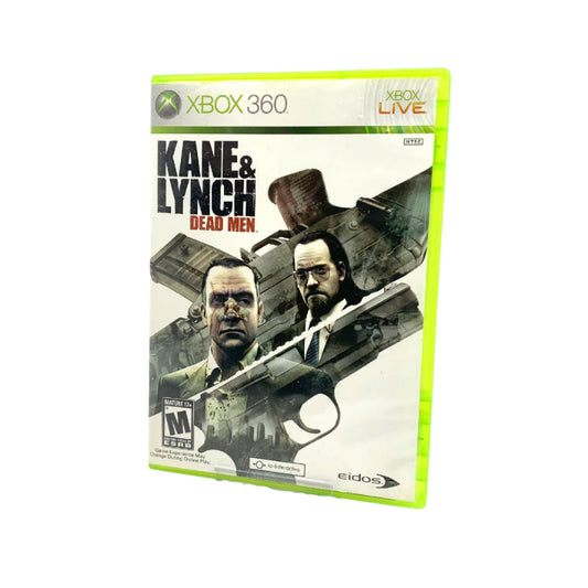 The image shows the cover of the Xbox 360 game case for 'Kane & Lynch: Dead Men'. It features a graphic design with images of the two main characters, a mercenary and a psychopath, holding guns and looking towards the viewer.